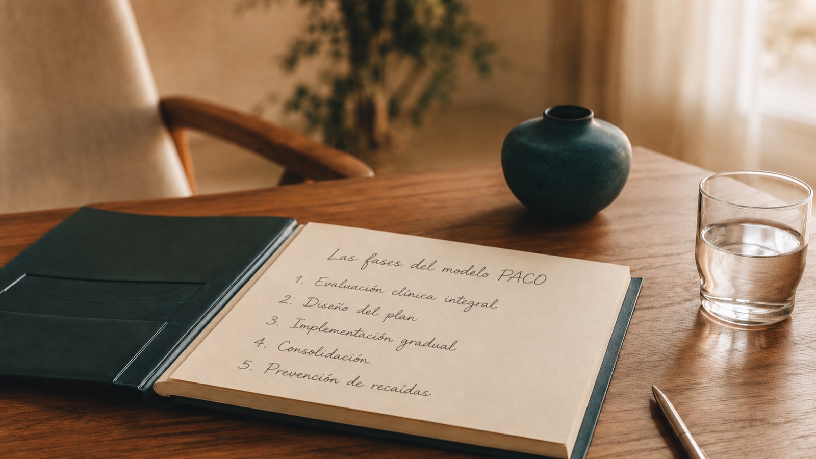 Libreta con las cinco fases del modelo PACO escritas a mano sobre un escritorio de madera